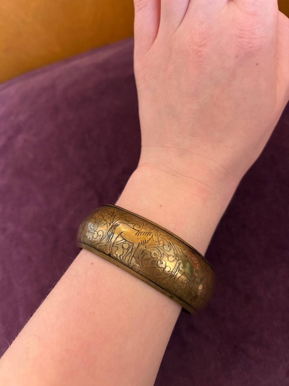 Engraved Brass Bangle Bracelet in Antique Gold Tone
